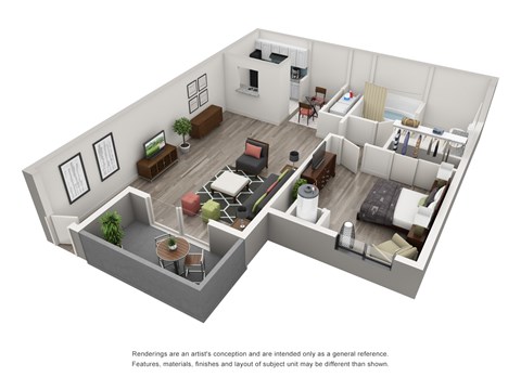 Floor plan for 1 bed, 1 bath, 633 sqft